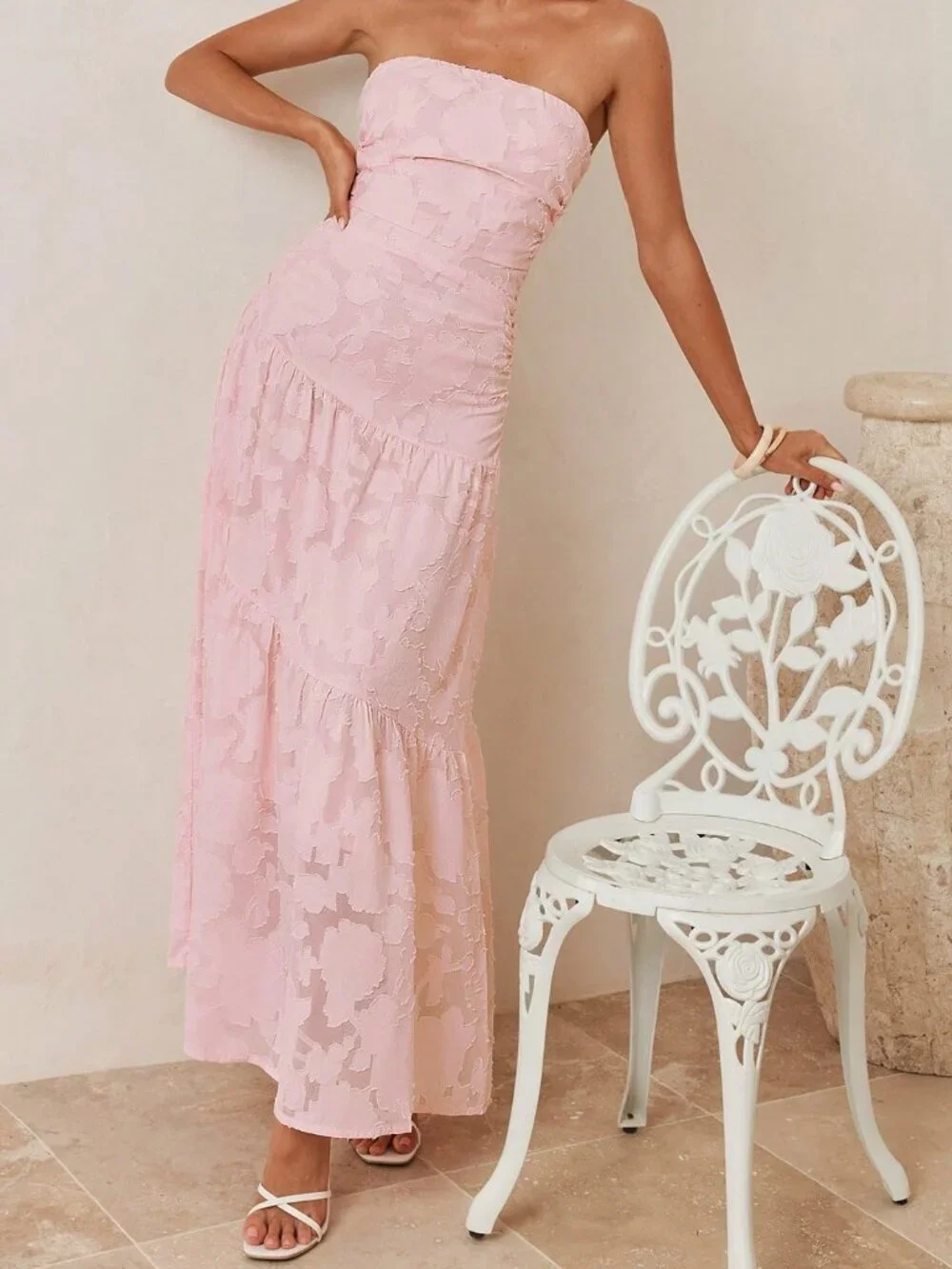 Pink Elegant Women's Romantic Jacquard Maxi Tube Dress - Picture 8 of 9